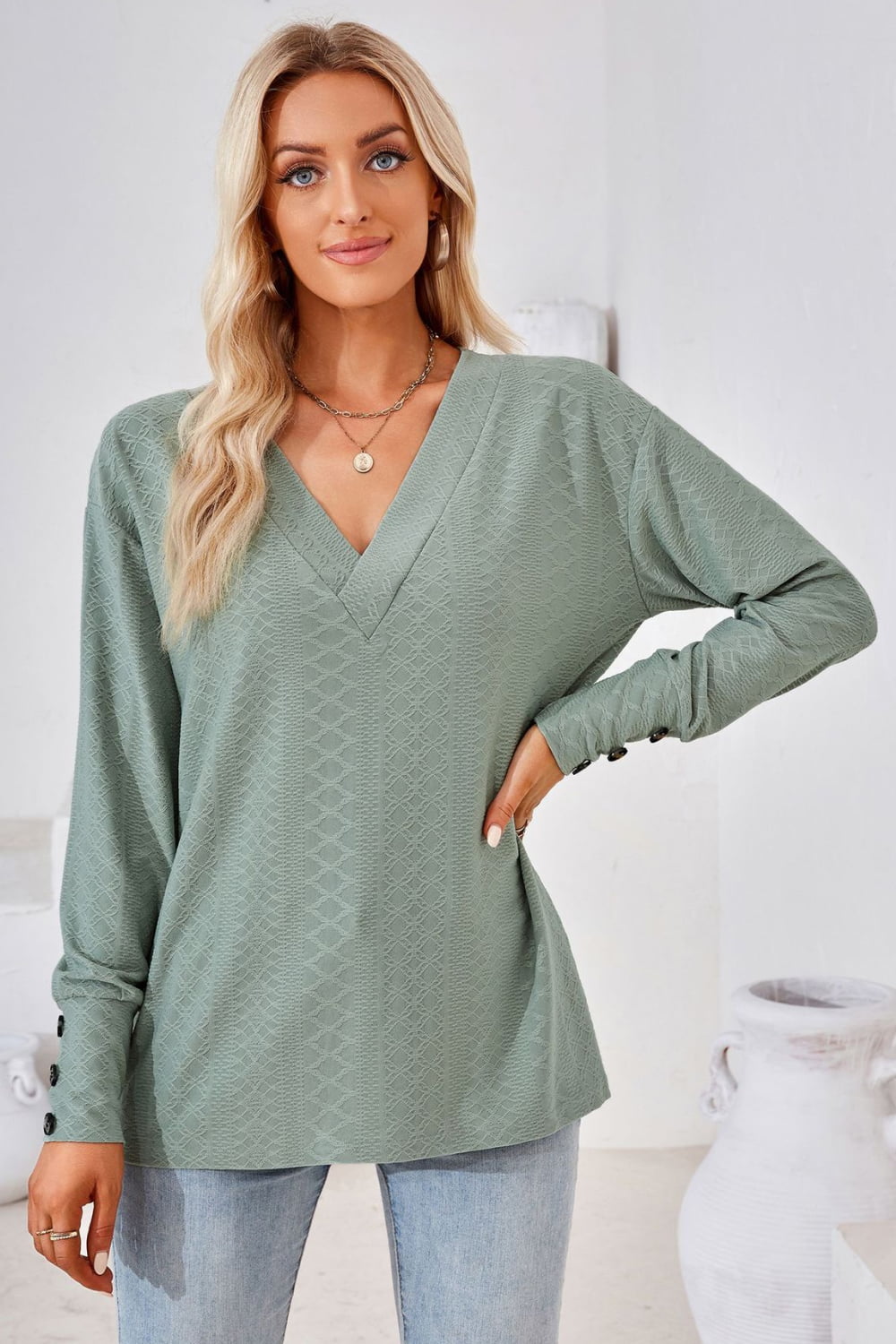 V-Neck Long Sleeve Blouse  - Doll Fits