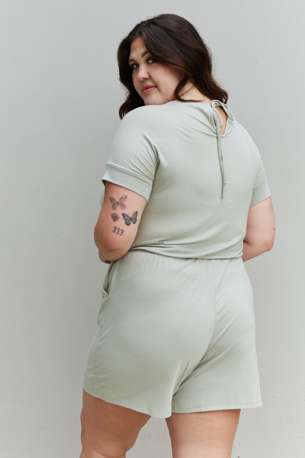 Zenana Chilled Out Full Size Short Sleeve Romper in Light Sage  Jumpsuits & Rompers- Doll Fits
