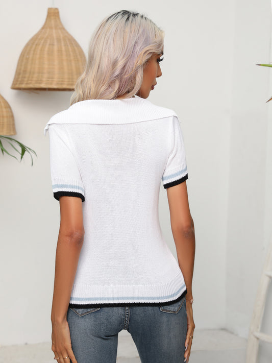 Johnny Collar Openwork Short Sleeve Knit Top  Shirts & Tops- Doll Fits