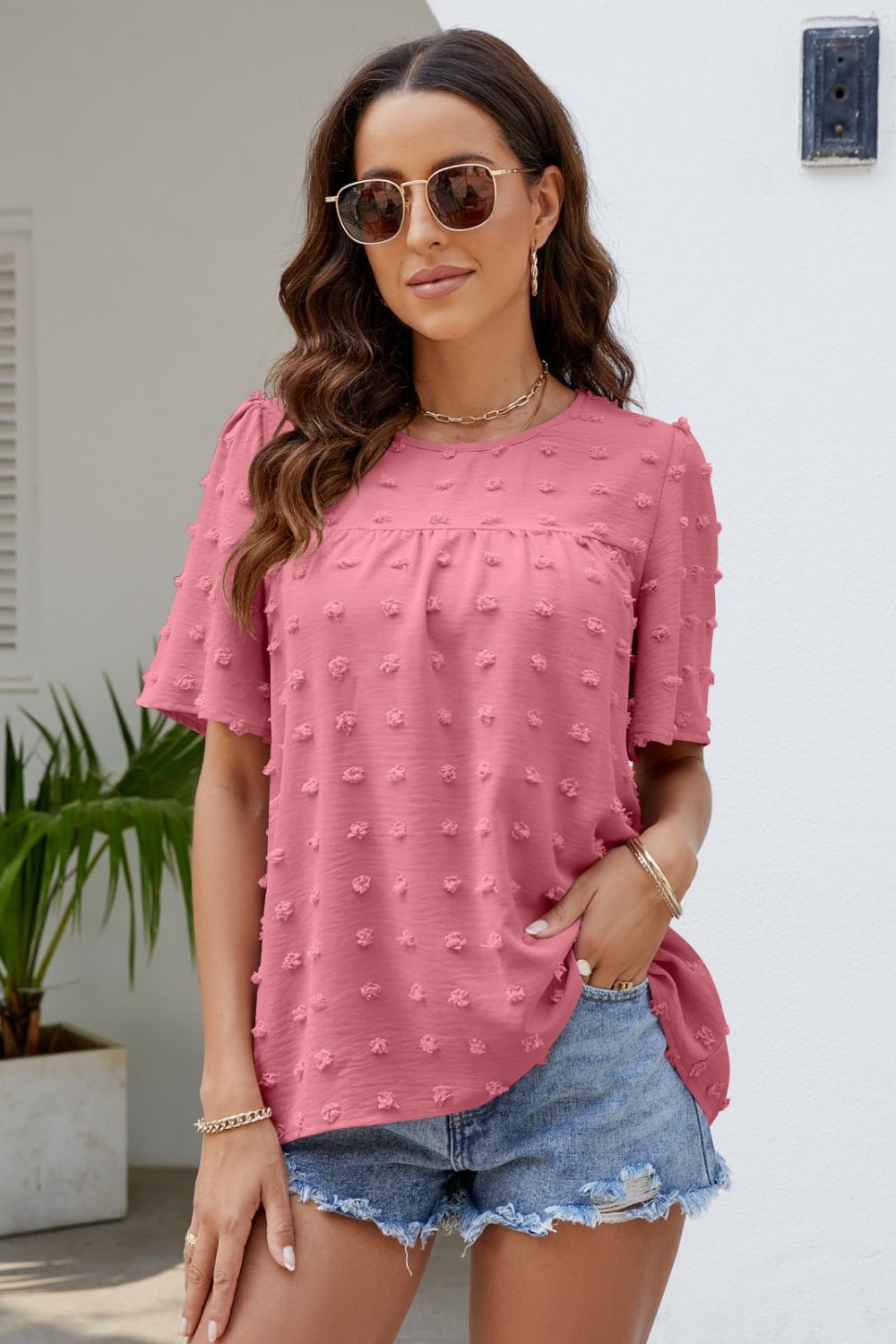 Swiss Dot Puff Sleeve Round Neck Blouse  Shirts & Tops- Doll Fits