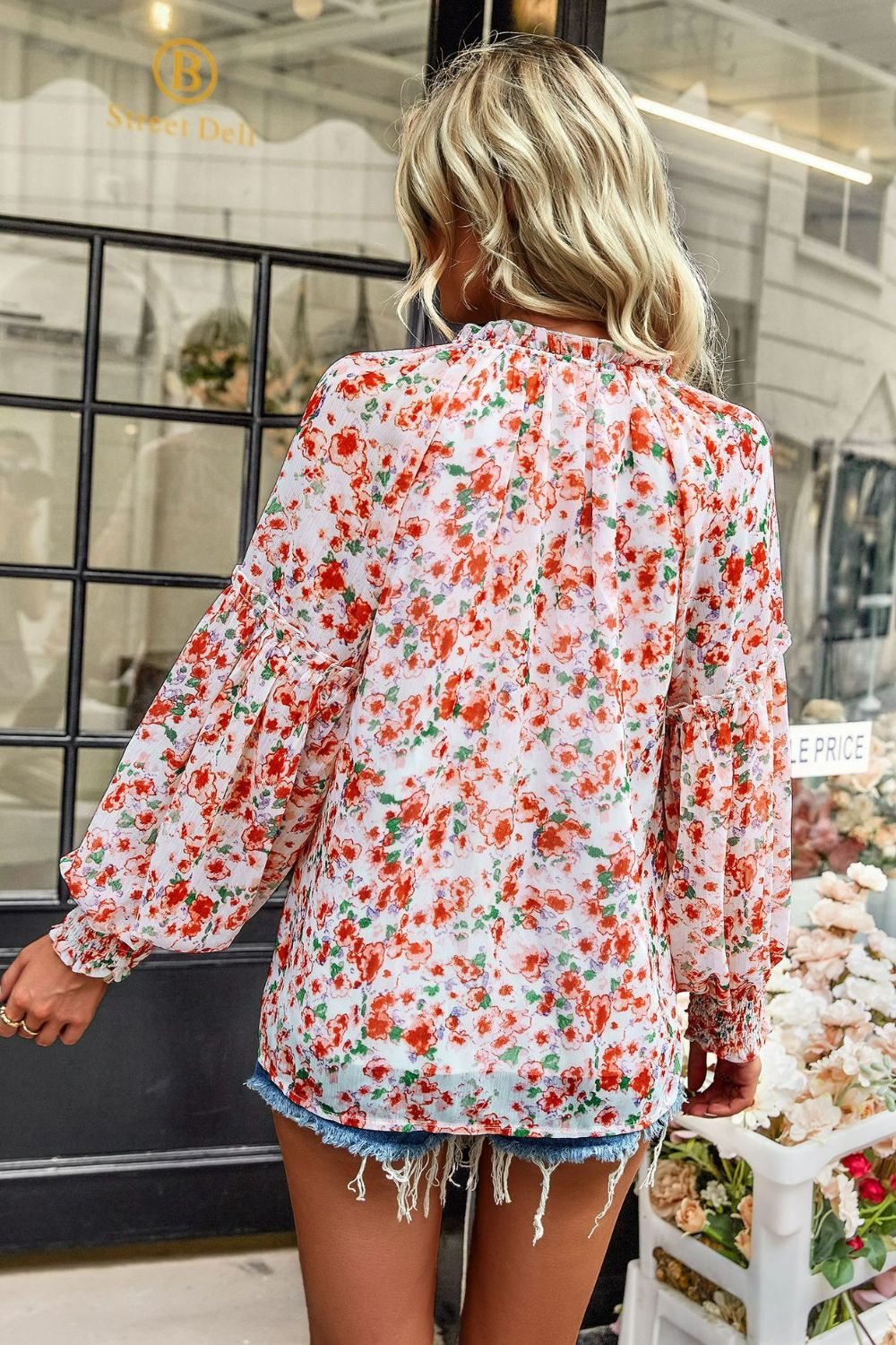 Floral Tie Neck Lantern Sleeve Blouse  Shirts & Tops- Doll Fits