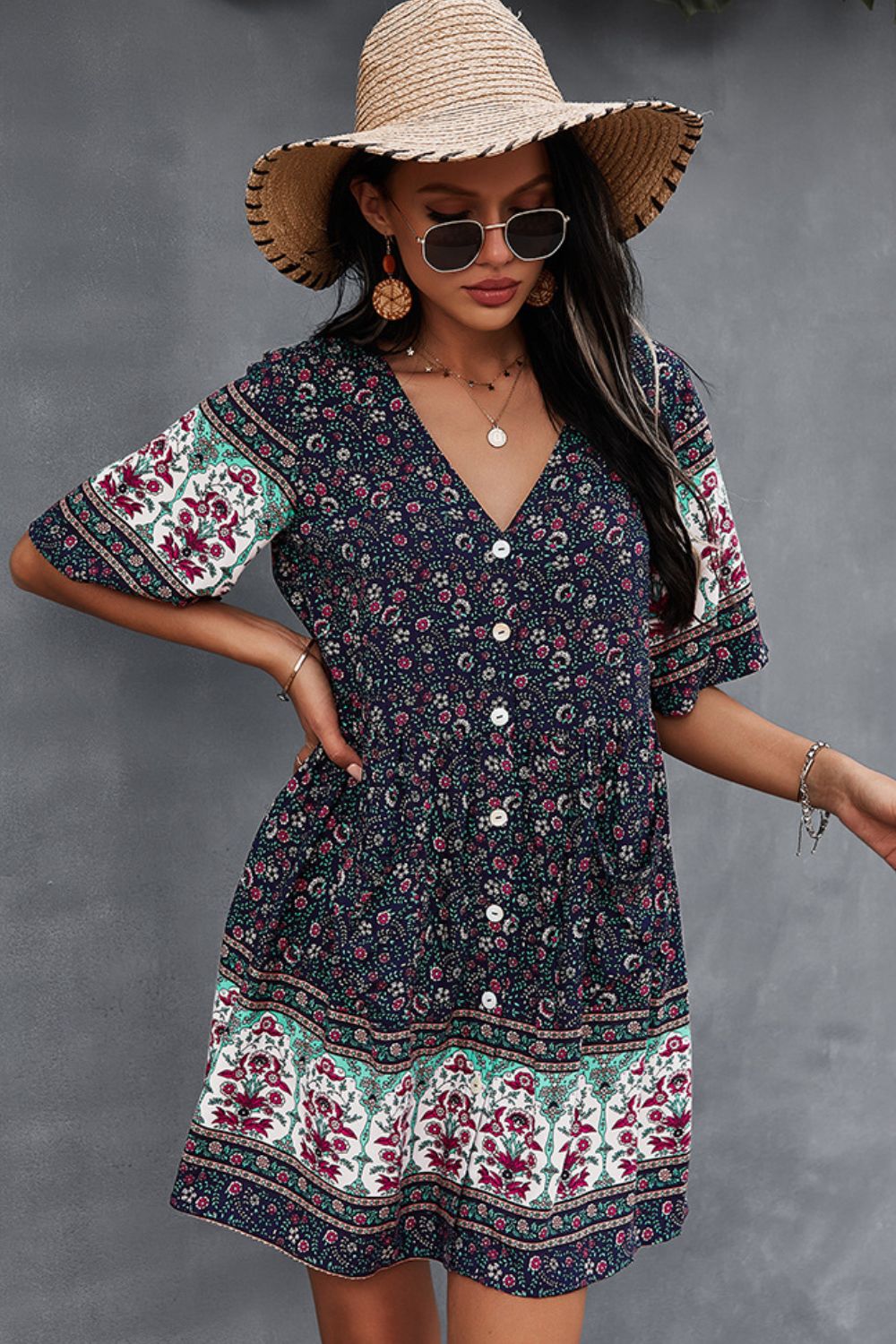 Bohemian V-Neck Half Sleeve Dress  Dresses- Doll Fits