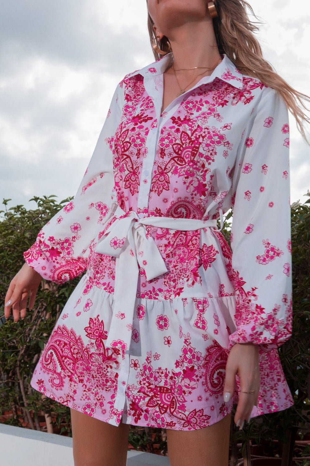 Collared Neck Tie Waist Shirt Dress  Dresses- Doll Fits