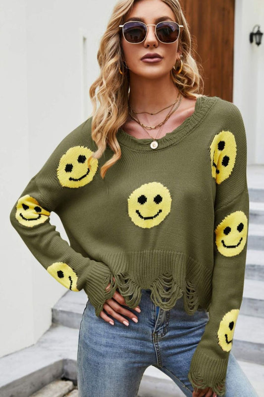 Smiley Face Distressed Round Neck Sweater  Shirts & Tops- Doll Fits