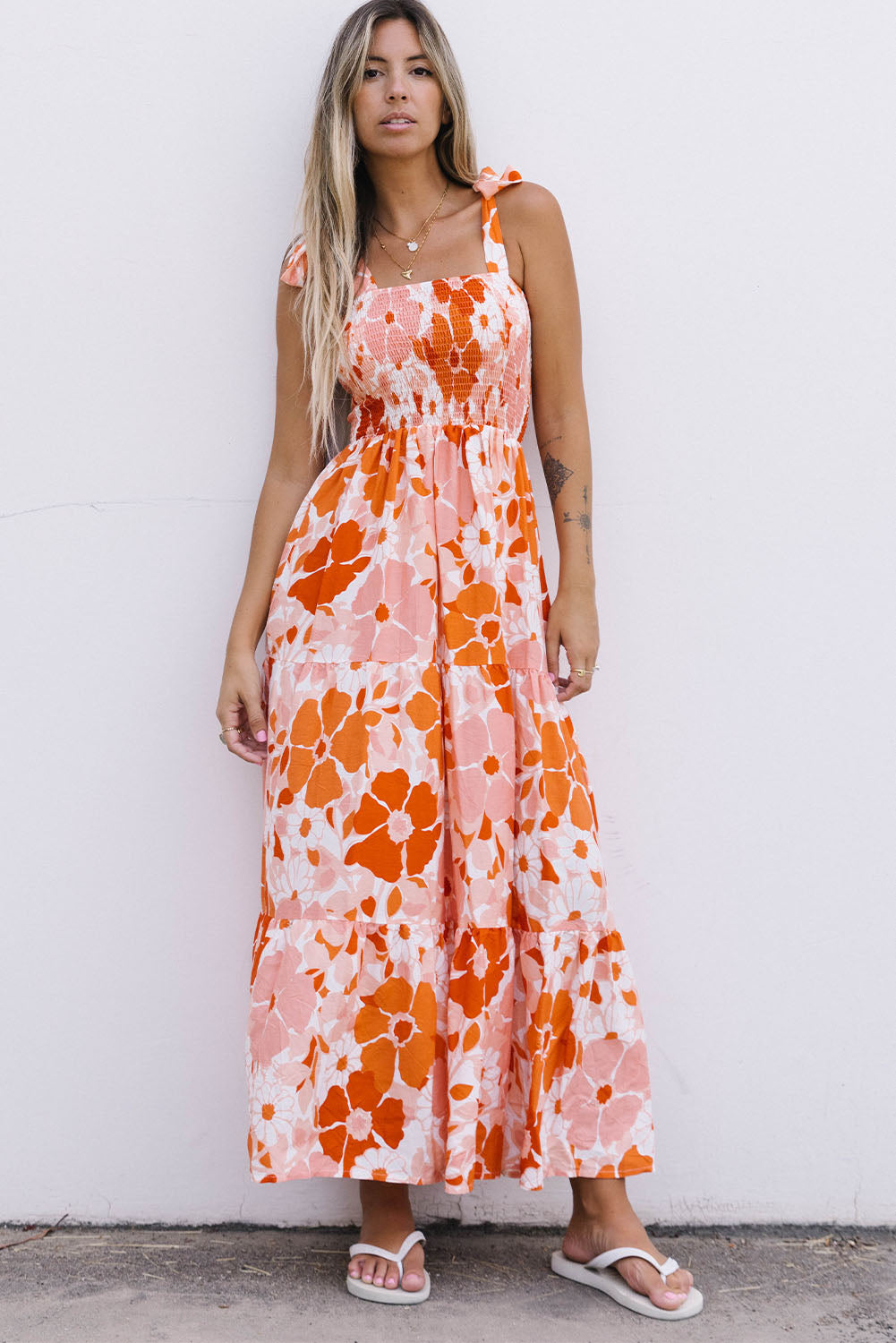 Floral Tie-Shoulder Smocked Maxi Dress  Dresses- Doll Fits