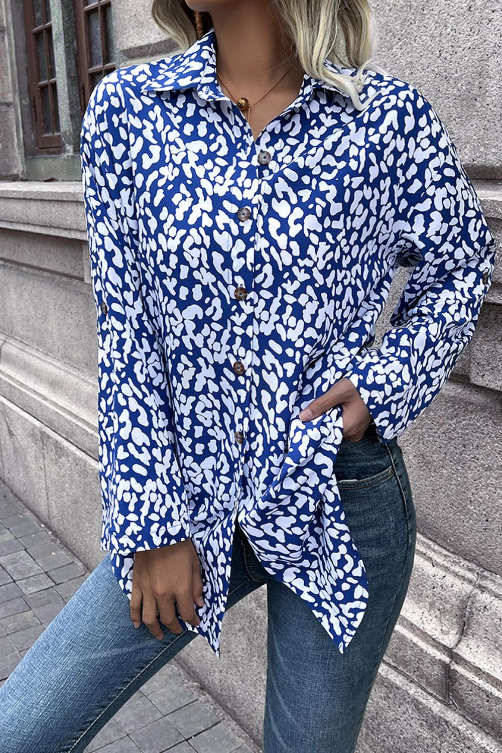 Double Take Leopard Roll-Tap Sleeve Shirt  - Doll Fits