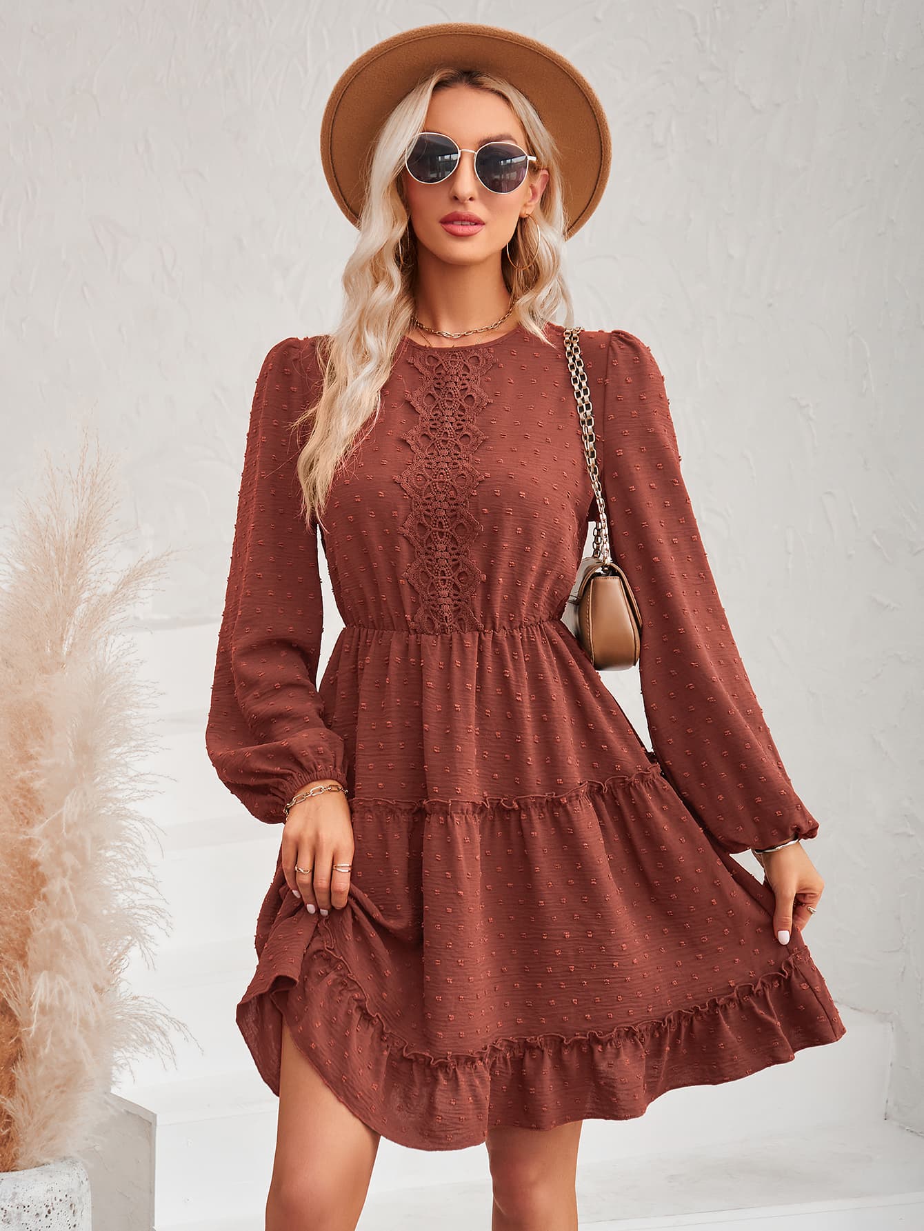 Swiss Dot Lace Trim Balloon Sleeve Dress  Dresses- Doll Fits
