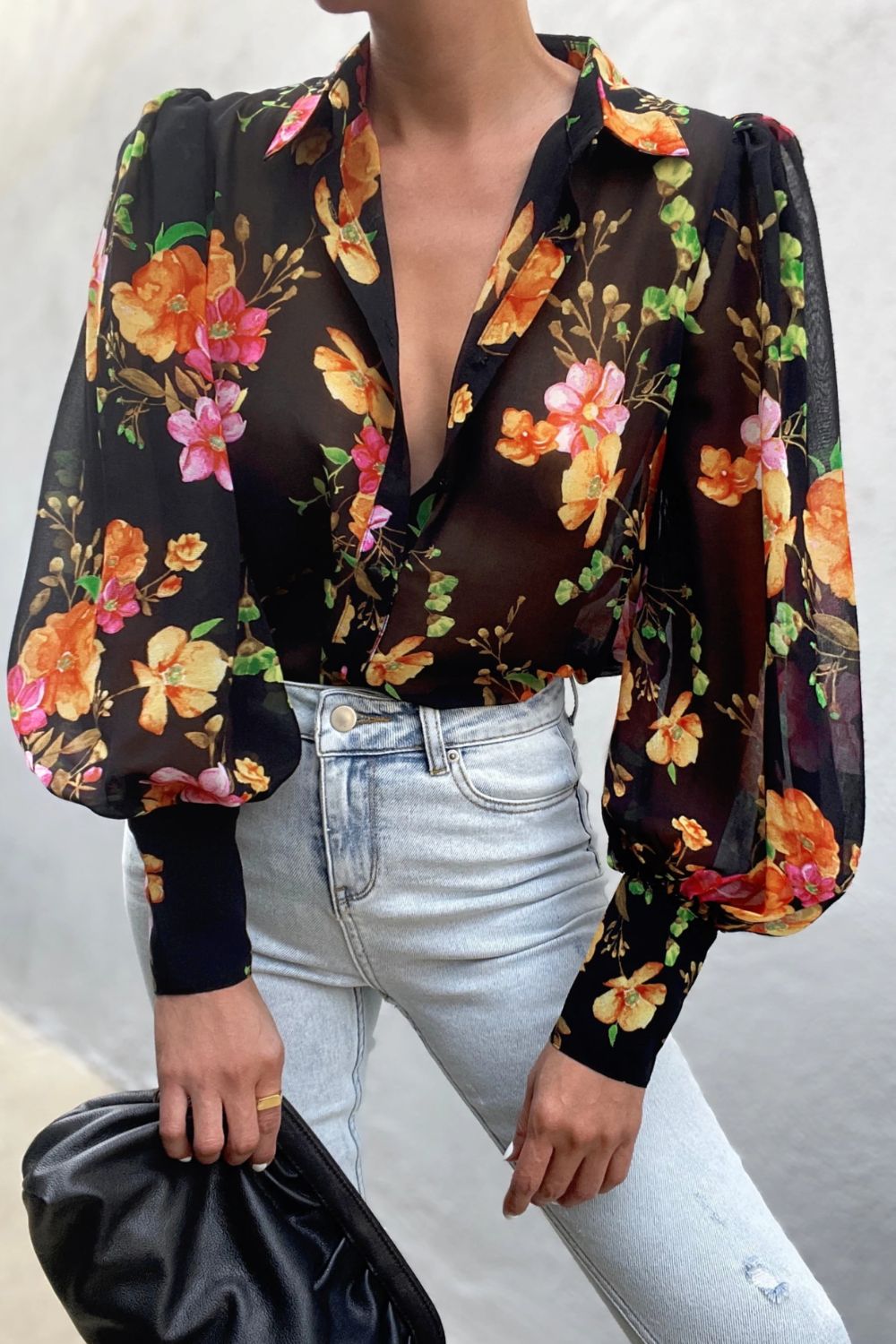 Double Take Flower Print Collared Neck Lantern Sleeve Shirt  - Doll Fits