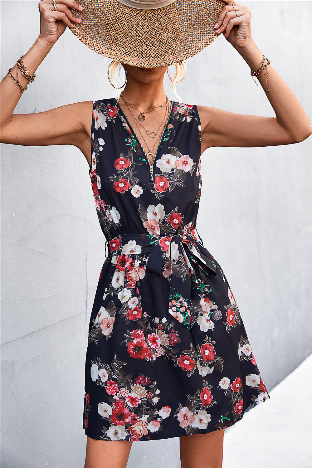 Printed Zip Detail Belted Sleeveless Dress  Dresses- Doll Fits