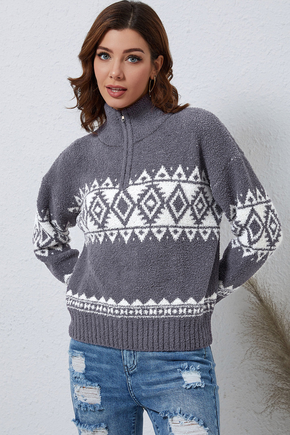 Zip-Up Geometrical Pattern Pullover Sweater  Shirts & Tops- Doll Fits