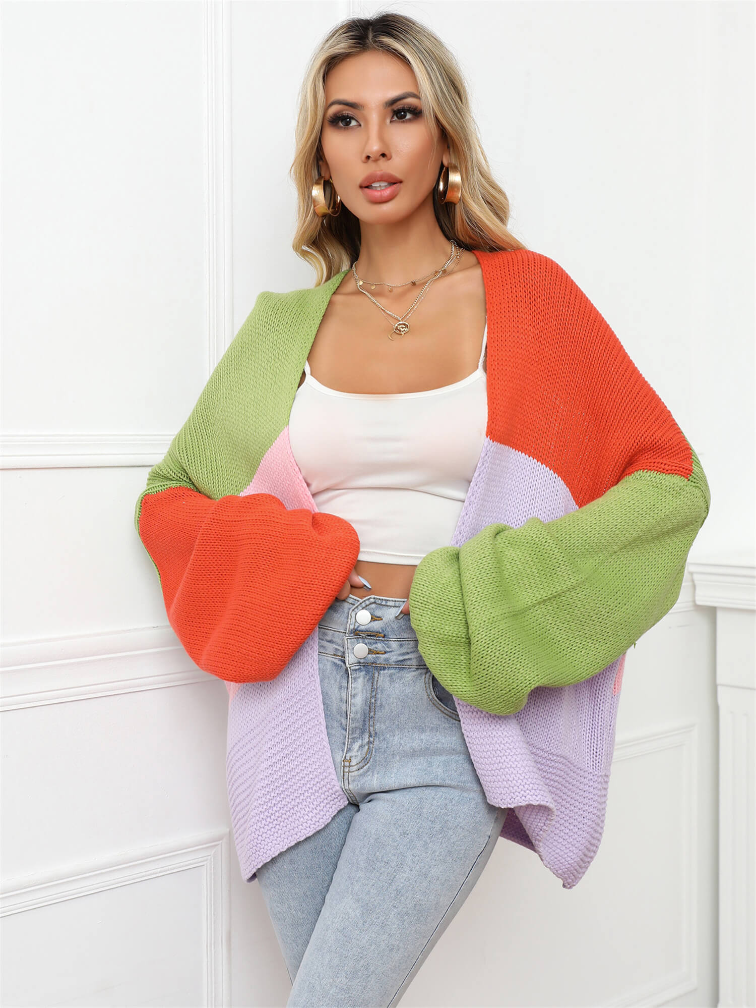 Color Block Open Front Balloon Sleeve Longline Cardigan  Coats & Jackets- Doll Fits