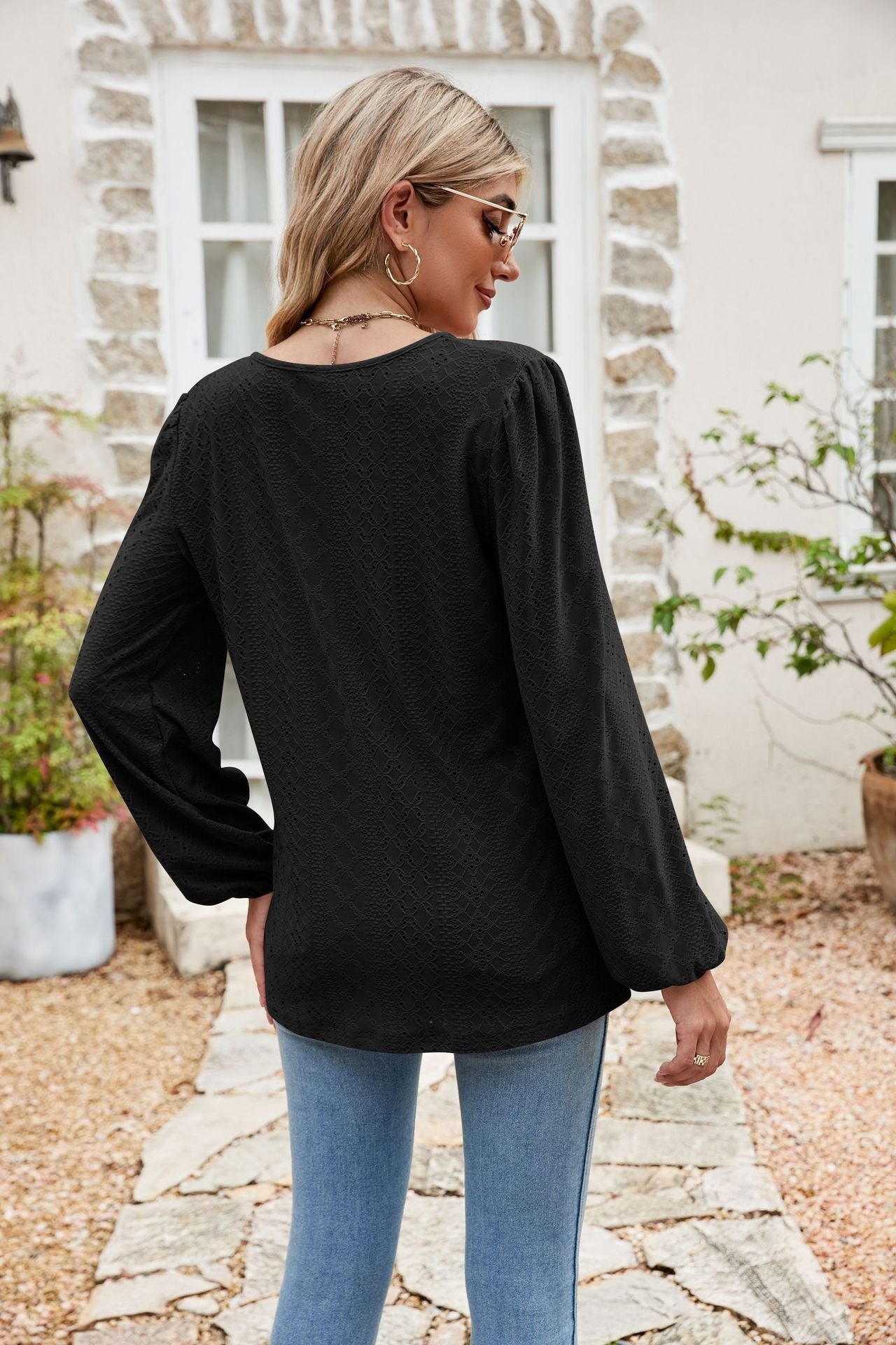 Eyelet Notched Neck Balloon Sleeve Blouse  Shirts & Tops- Doll Fits