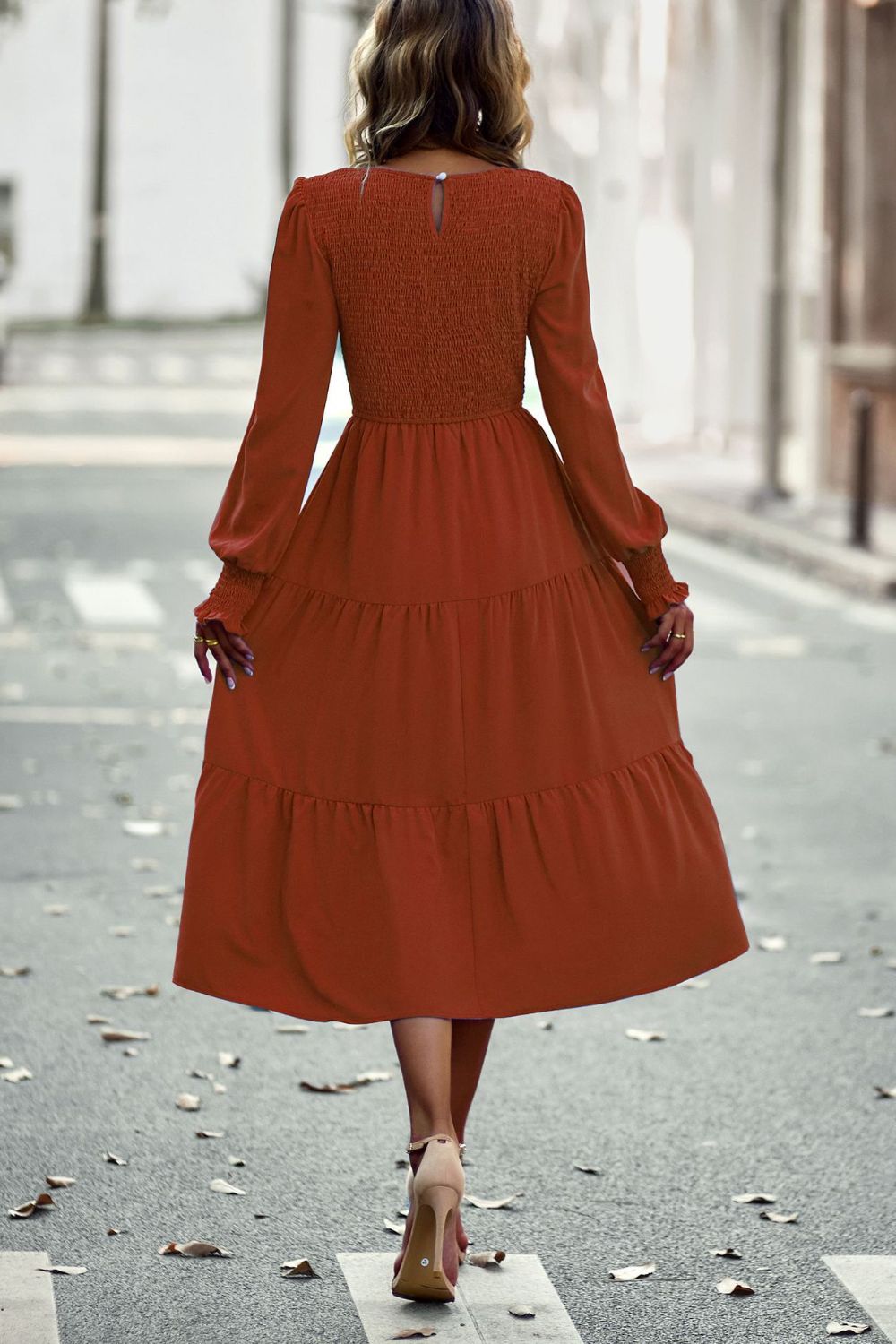 Smocked Long Puff Sleeve Tiered Midi Dress  Dresses- Doll Fits