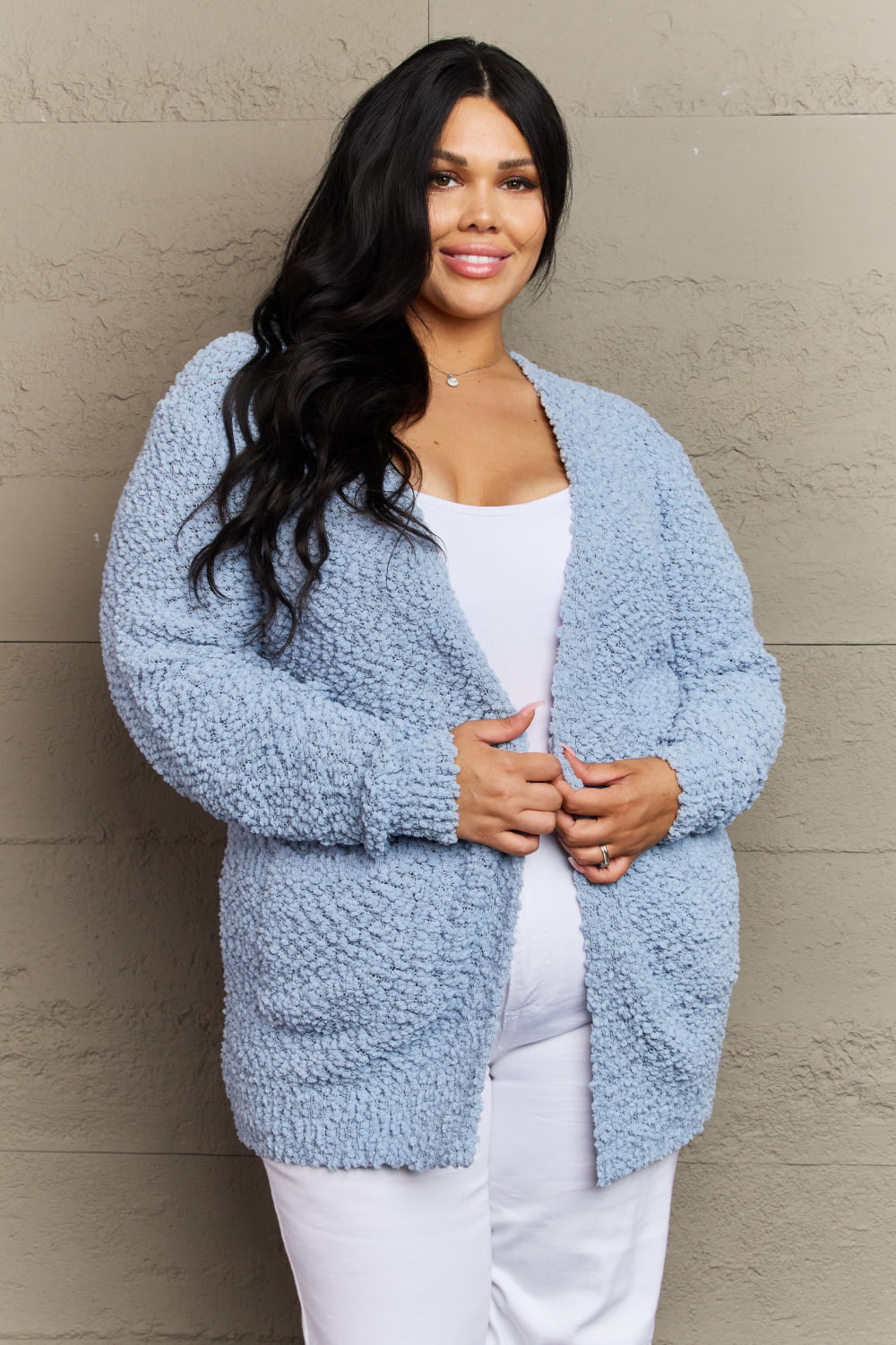 Zenana Falling For You Full Size Open Front Popcorn Cardigan  Coats & Jackets- Doll Fits
