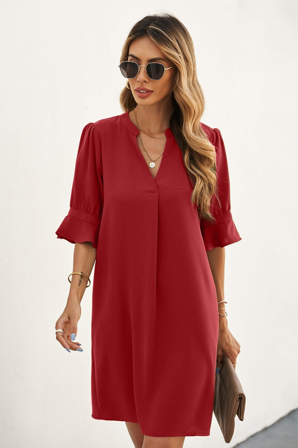 Puff Sleeve Notched Mini Shift Dress  Dresses- Doll Fits