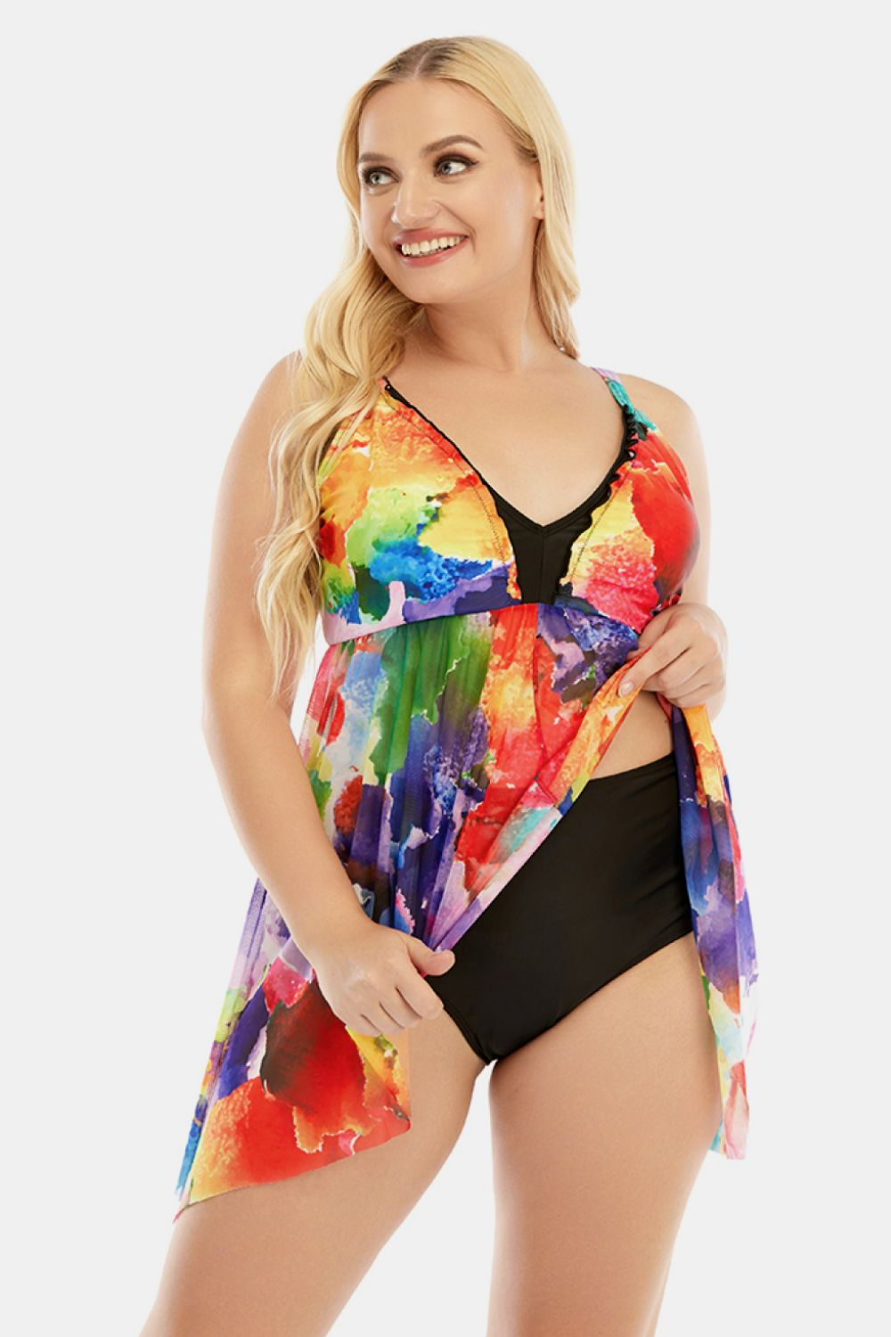 Plus Size Printed Spaghetti Strap V-Neck Two-Piece Swim Set  Swimwear- Doll Fits