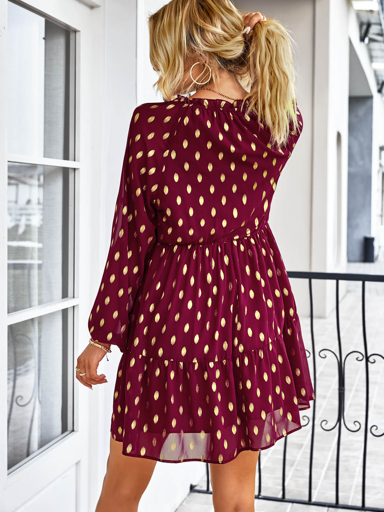 Dotted Tie-Neck Frill Trim Tiered Dress  Dresses- Doll Fits
