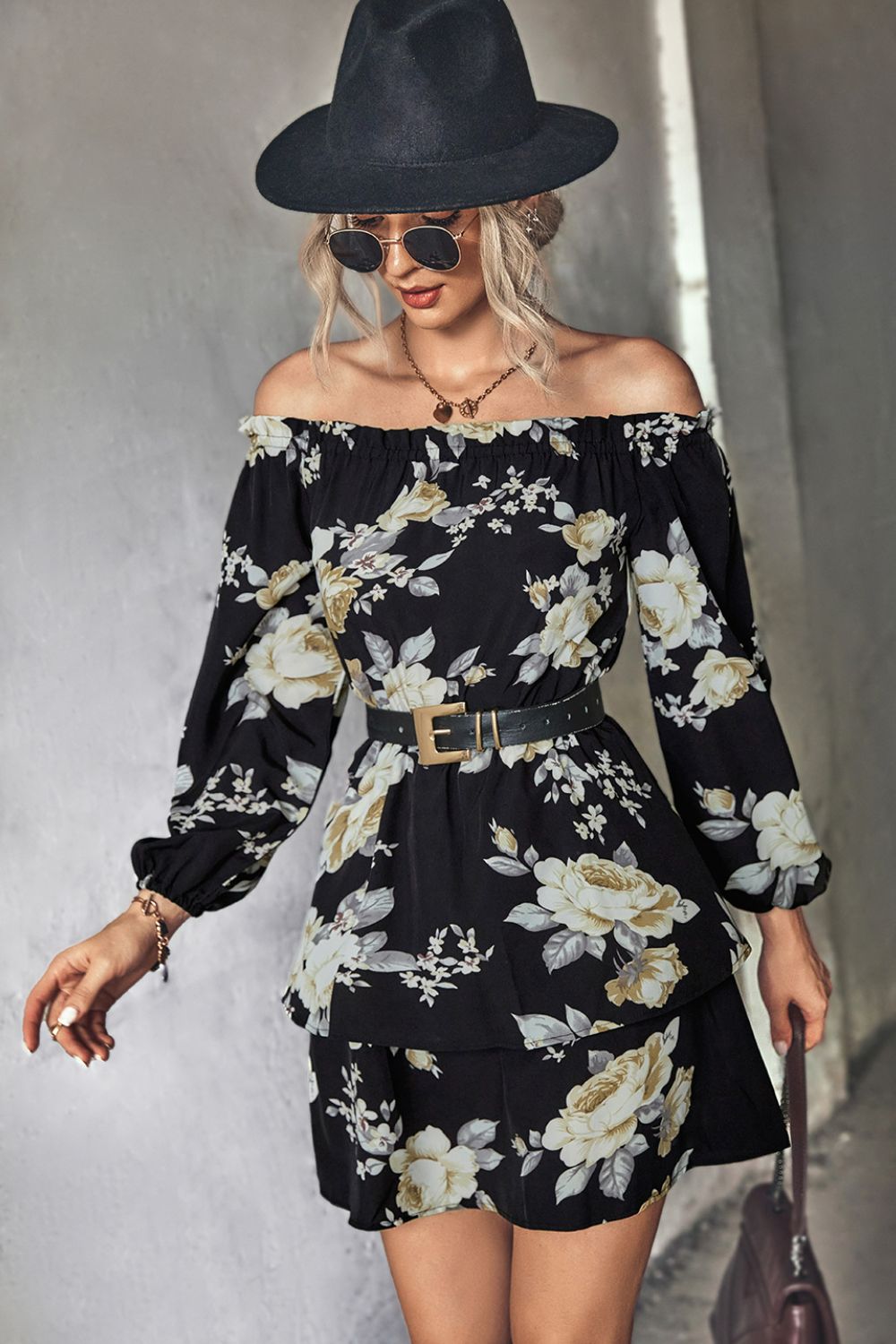 Floral Off-Shoulder Layered Mini Dress  Dresses- Doll Fits
