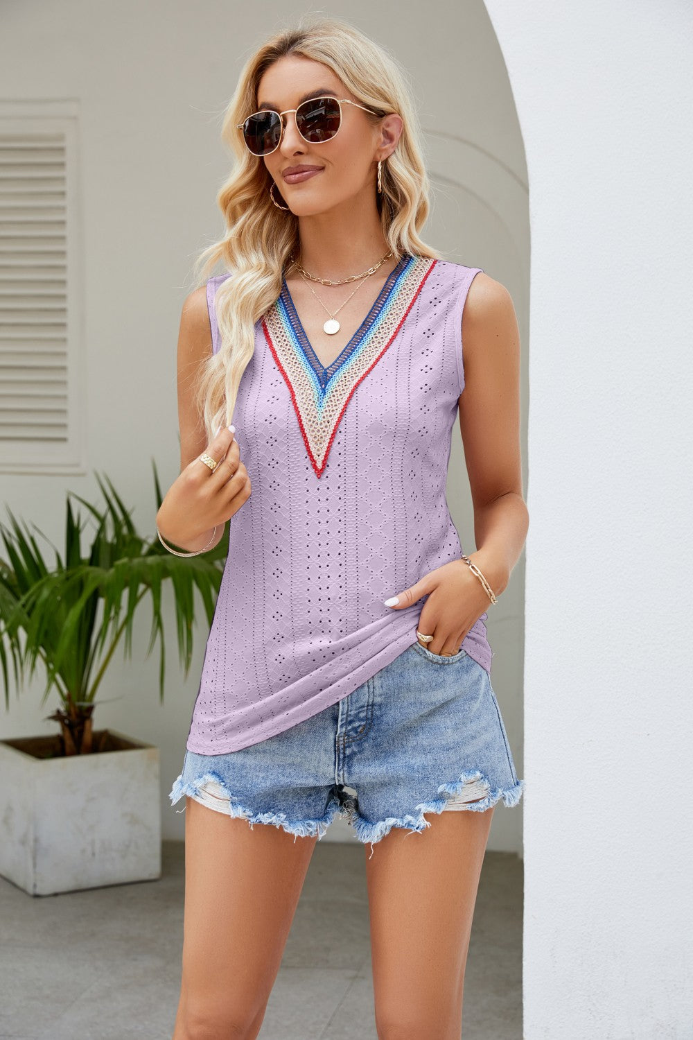 Contrast V-Neck Eyelet Tank  Shirts & Tops- Doll Fits