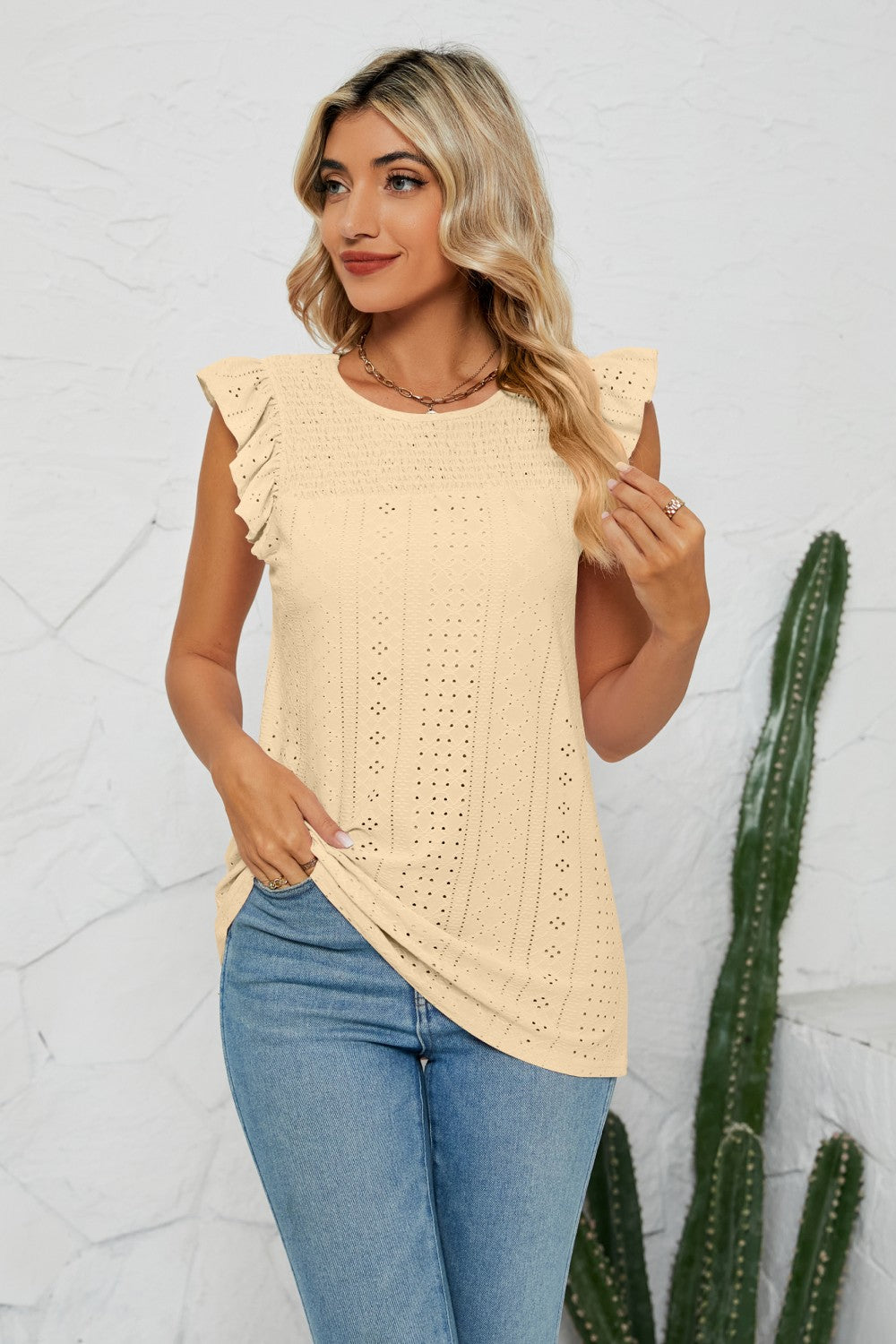 Smocked Round Neck Eyelet Top  Shirts & Tops- Doll Fits