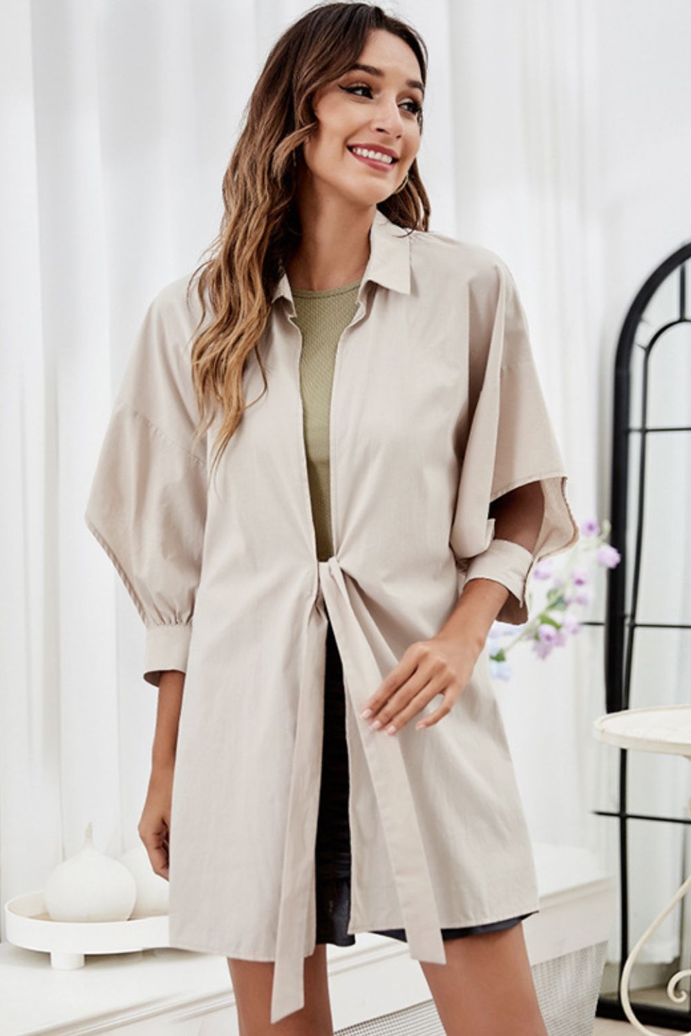 Tie Front Collared Neck Cutout Shacket  - Doll Fits