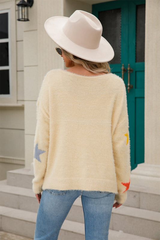 Star Pattern Round Neck Fuzzy Sweater  Shirts & Tops- Doll Fits