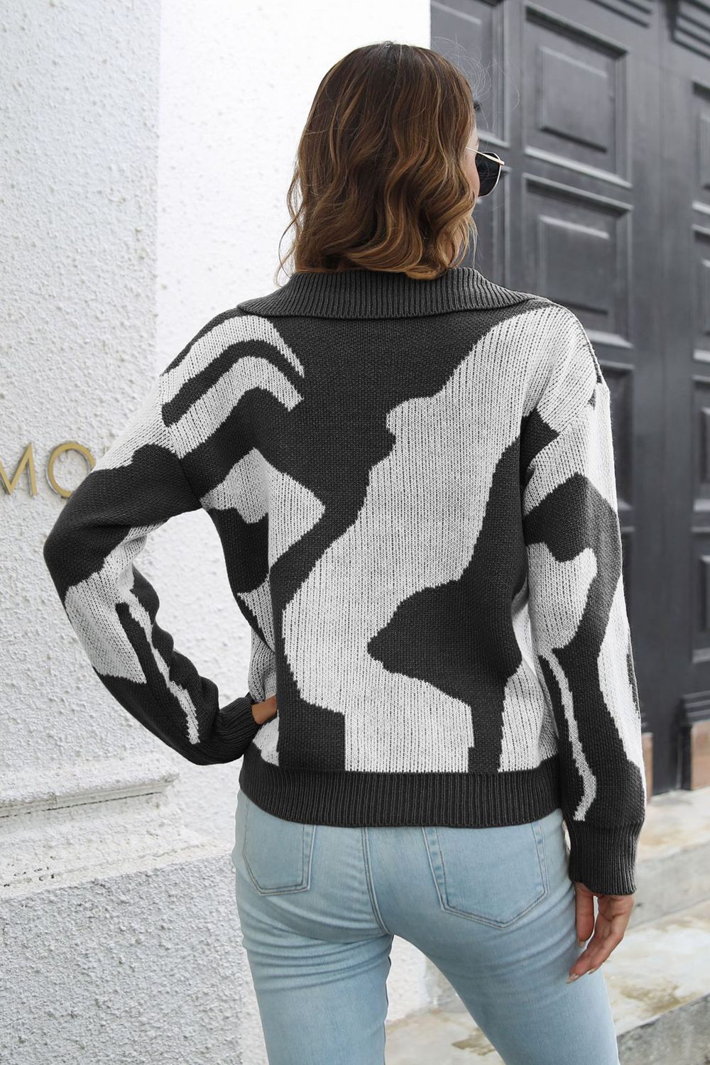 Two-Tone Johnny Collar Dropped Shoulder Pullover Sweater  - Doll Fits