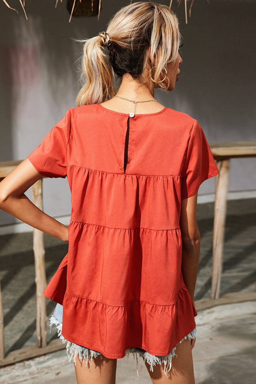 Round Neck Short Sleeve Tiered Blouse  Shirts & Tops- Doll Fits