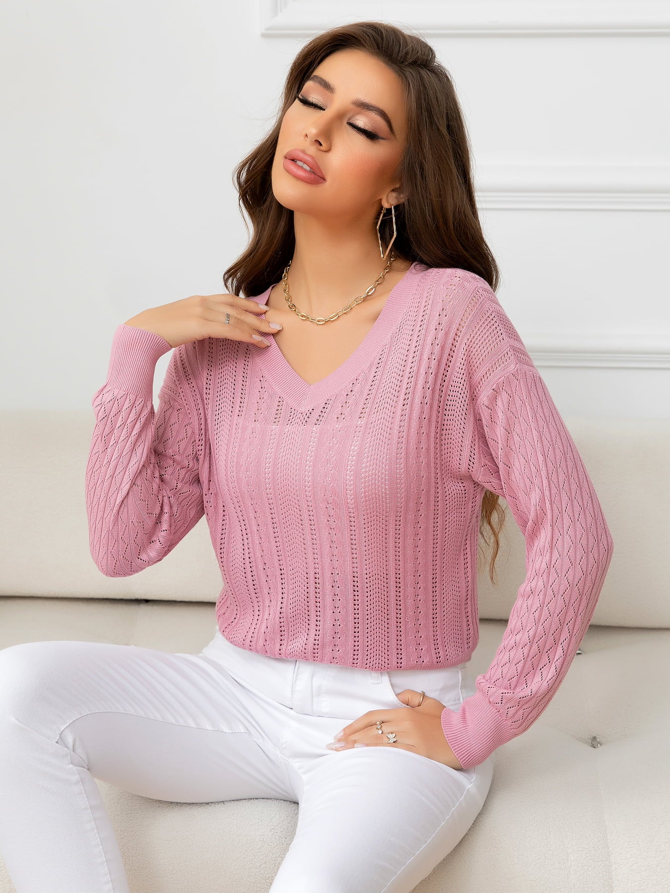 V-Neck Long Sleeve Eyelet Knit Top  Shirts & Tops- Doll Fits