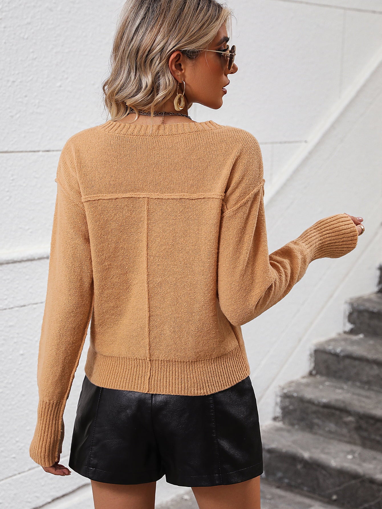 V-Neck Dropped Shoulder Long Sleeve Knit Top  - Doll Fits