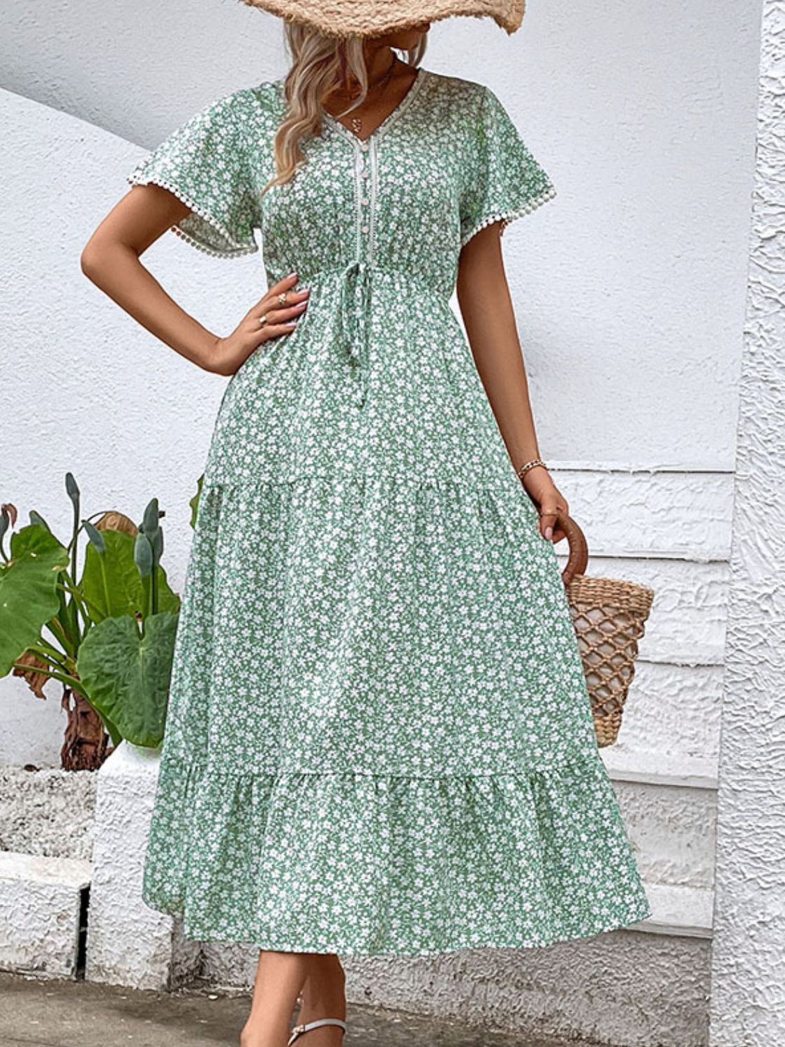 Ditsy Floral V-Neck Tiered Dress  Dresses- Doll Fits