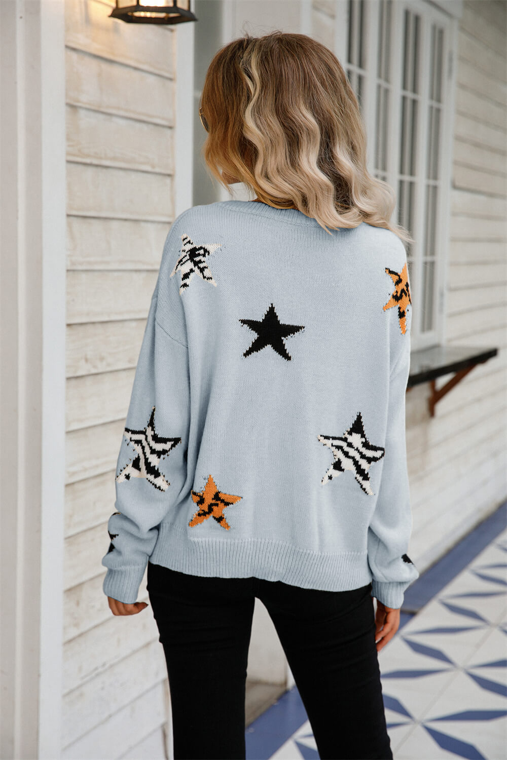 Star Pattern Round Neck Dropped Shoulder Sweater  Shirts & Tops- Doll Fits