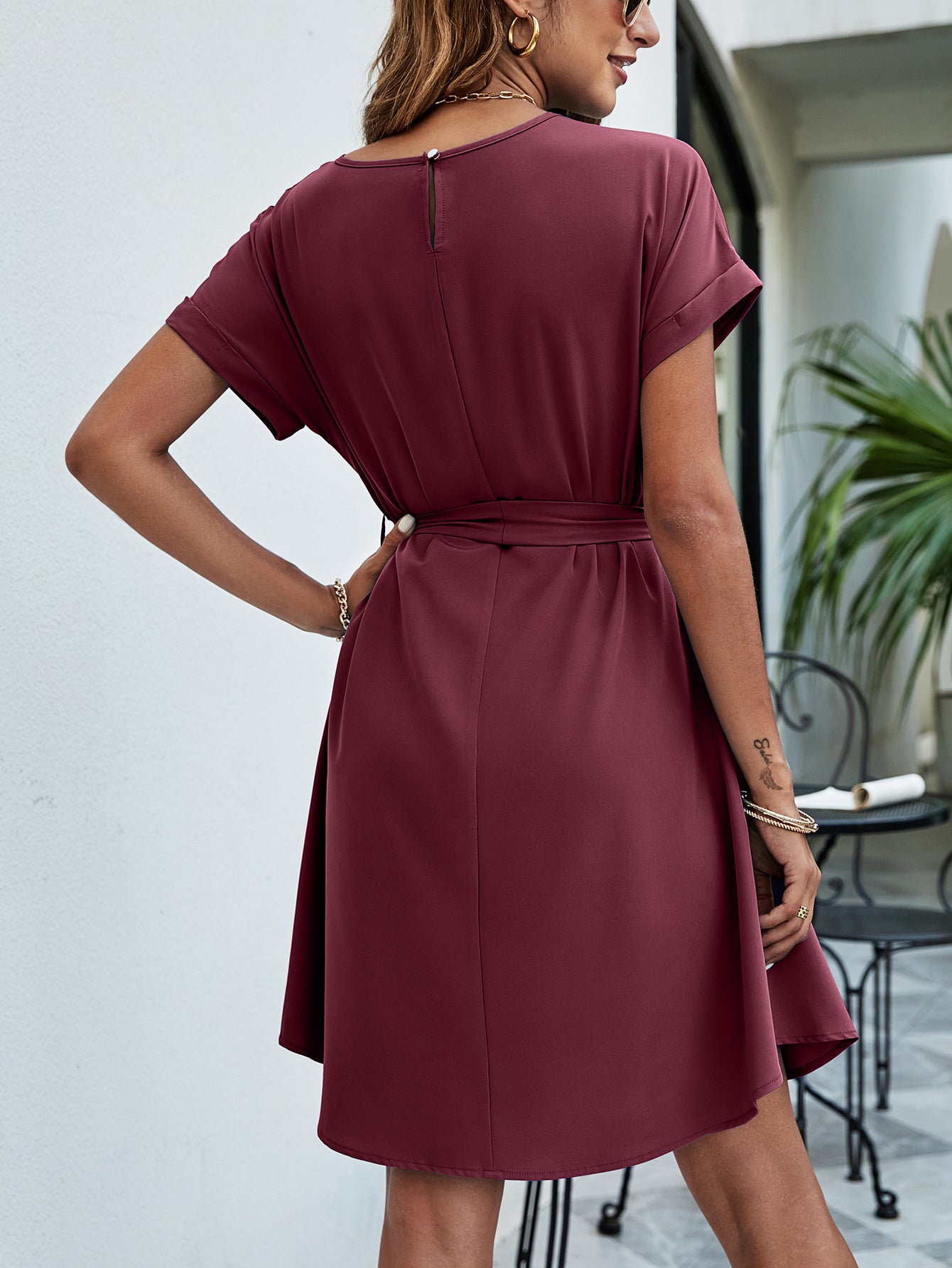 Belted Round Neck Curved Hem Dress  Dresses- Doll Fits