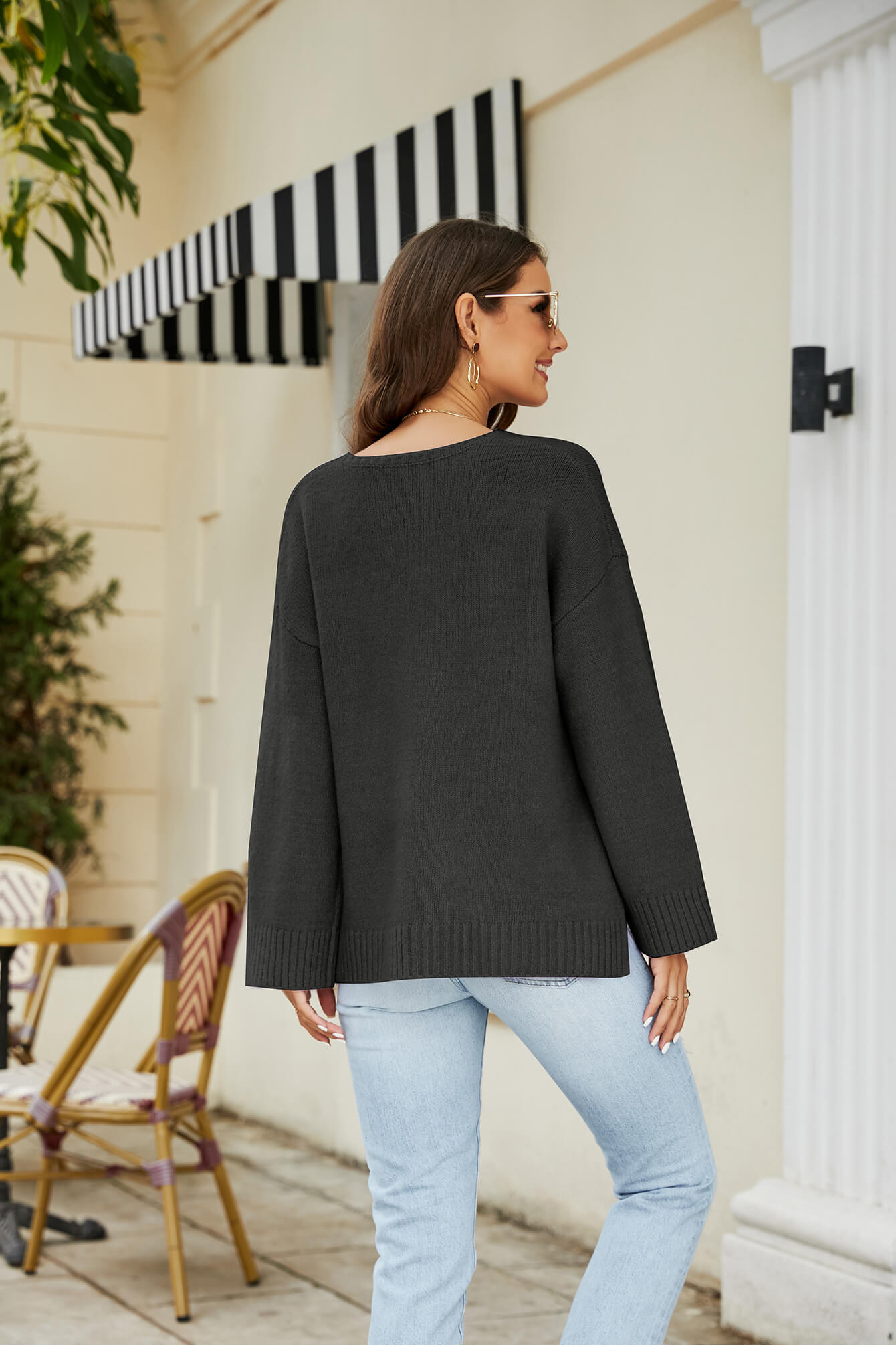 Drop Shoulder V-Neck Knit Pullover  Shirts & Tops- Doll Fits