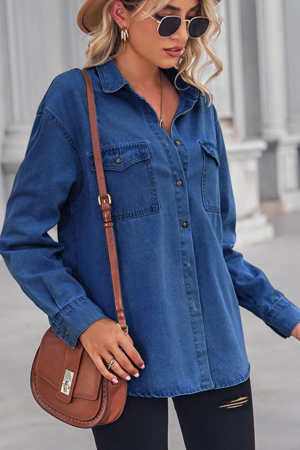 Collared Neck Dropped Shoulder Denim Top  Shirts & Tops- Doll Fits