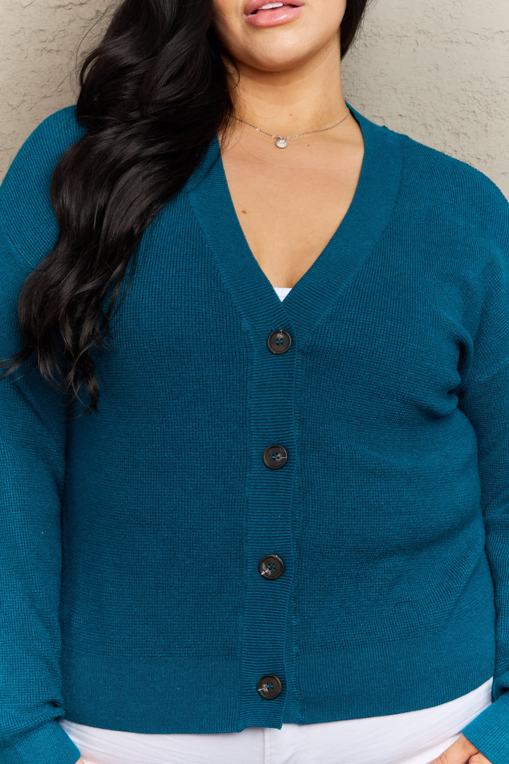 Zenana Kiss Me Tonight Full Size Button Down Cardigan in Teal  - Doll Fits