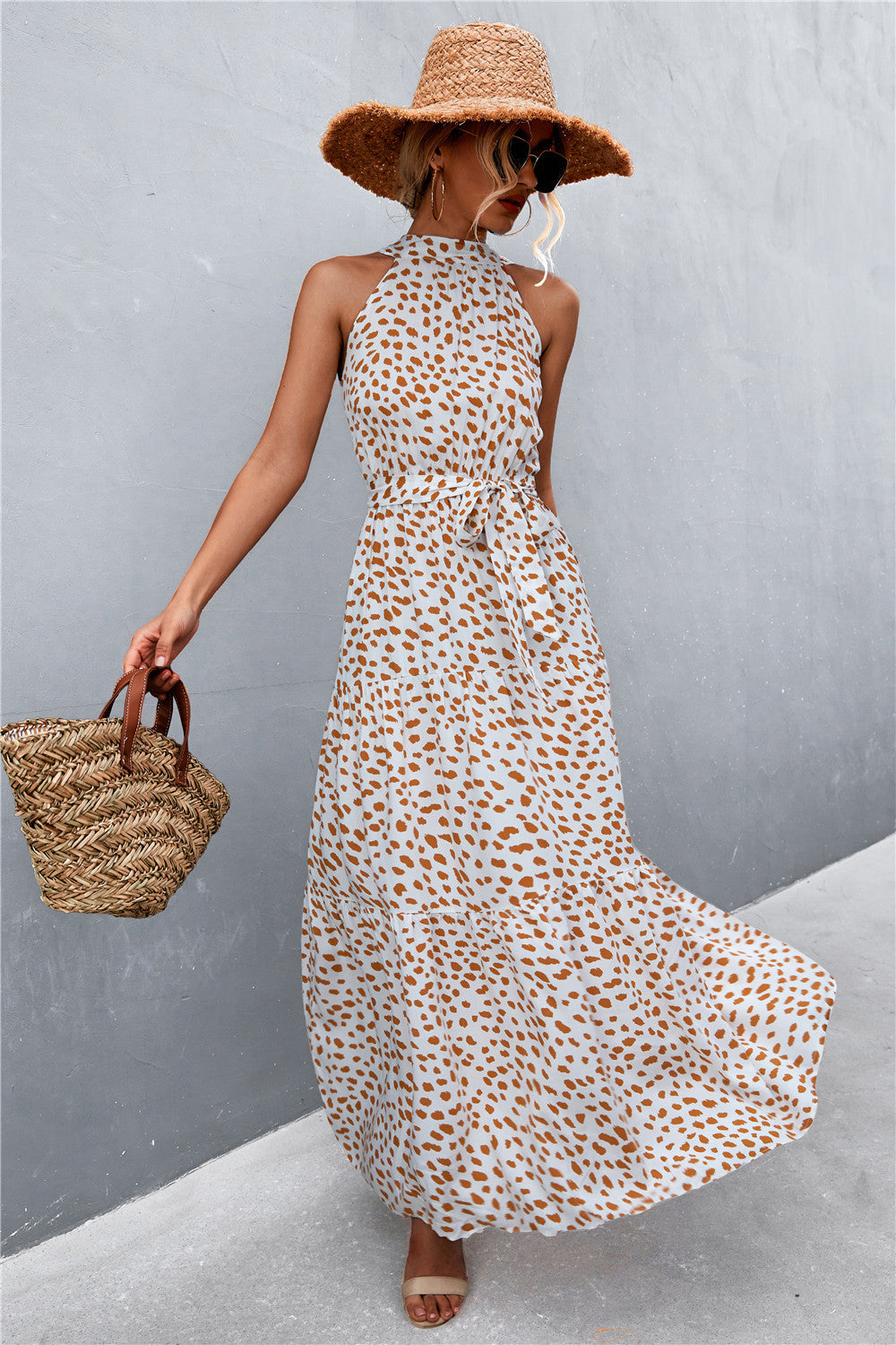 Printed Sleeveless Tie Waist Maxi Dress  Dresses- Doll Fits