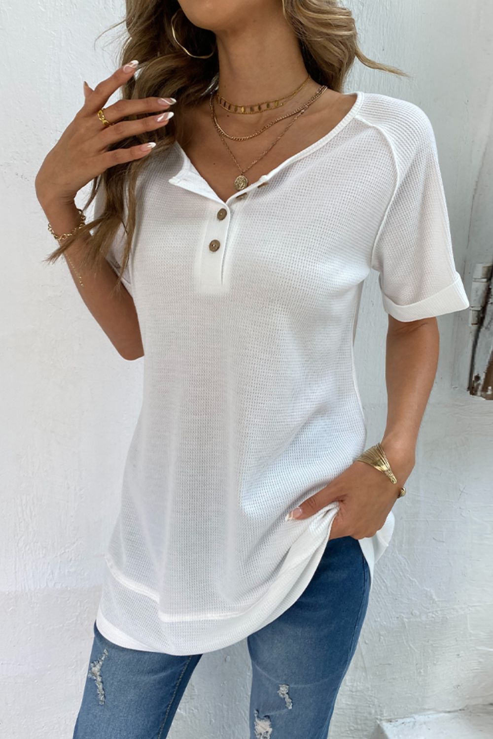 Cuffed Sleeve Henley Top  Shirts & Tops- Doll Fits