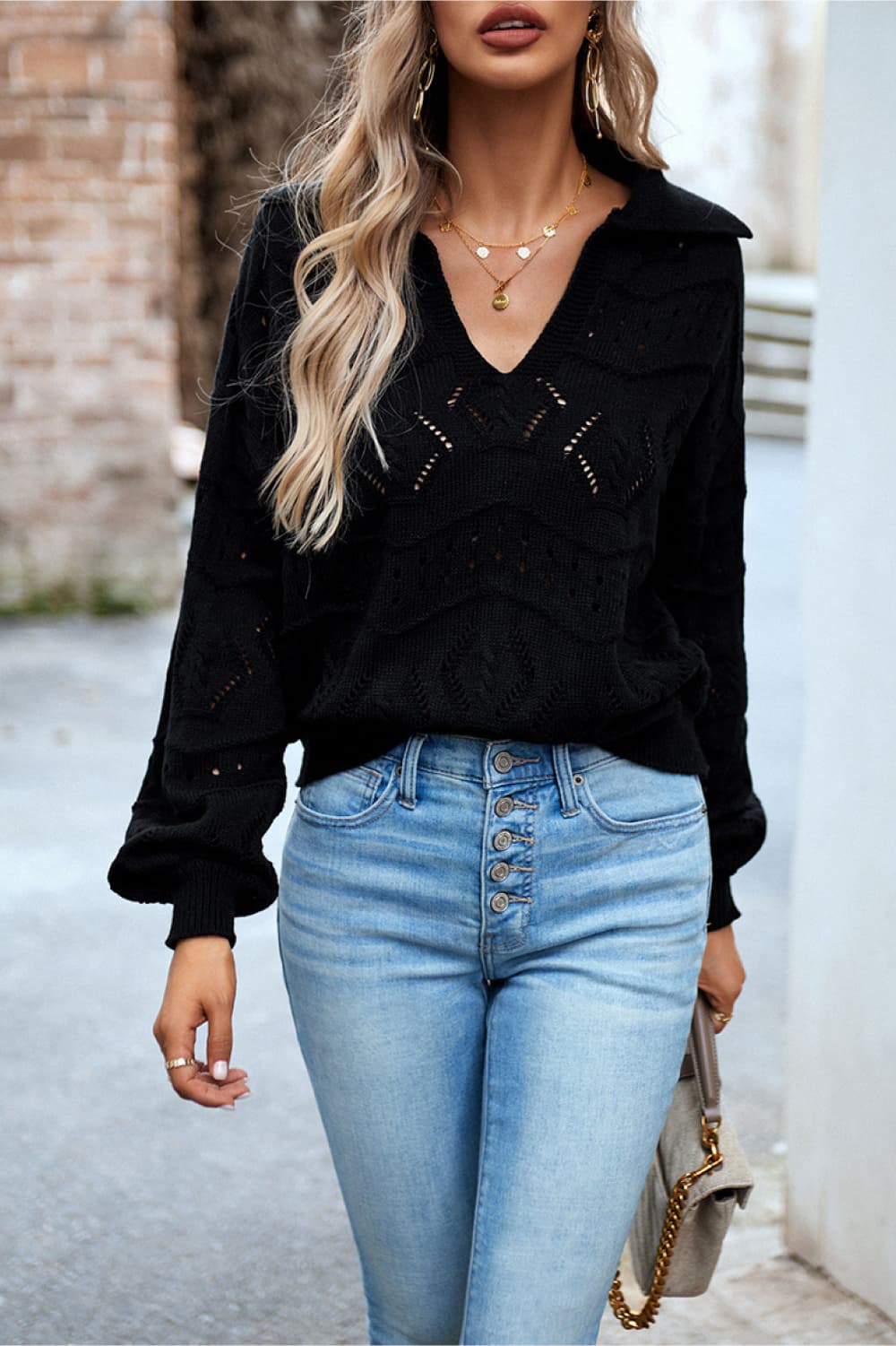 Openwork Long Sleeve Notched Neck Sweater  - Doll Fits
