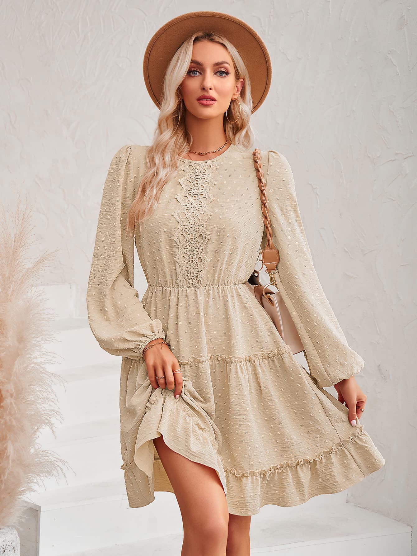 Swiss Dot Lace Trim Balloon Sleeve Dress  Dresses- Doll Fits