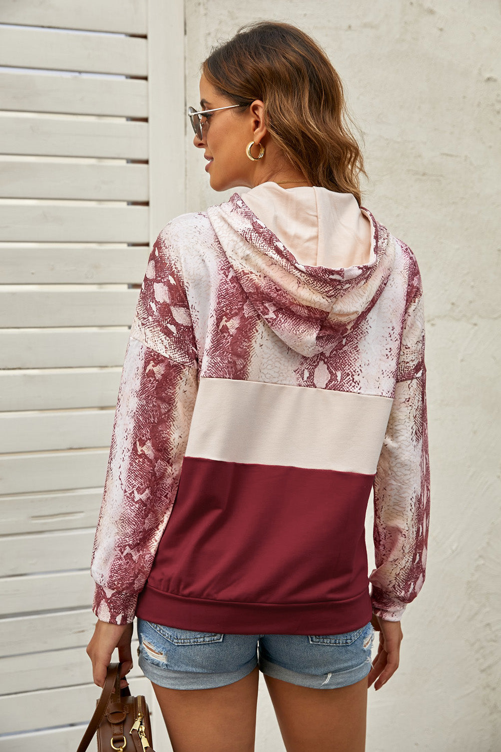 Snake Print Color Block Drawstring Detail Hoodie  Shirts & Tops- Doll Fits