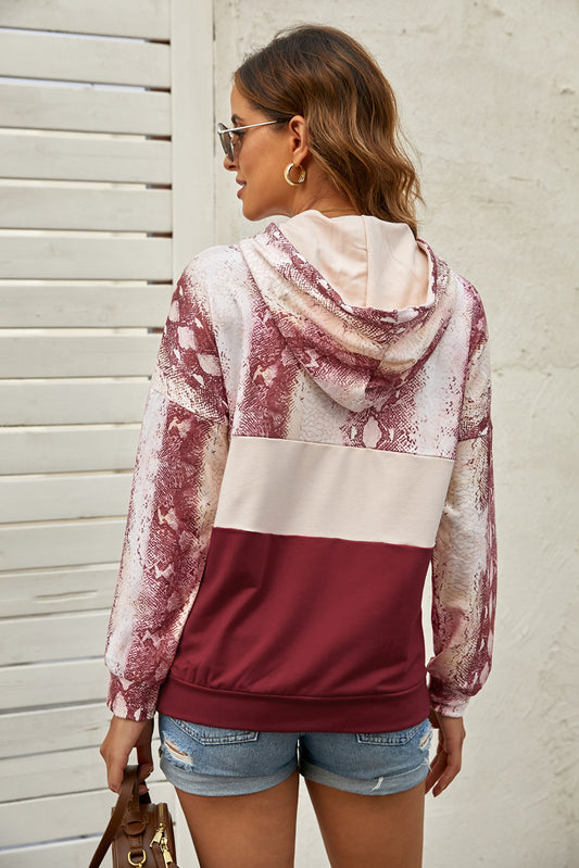 Snake Print Color Block Drawstring Detail Hoodie  Shirts & Tops- Doll Fits