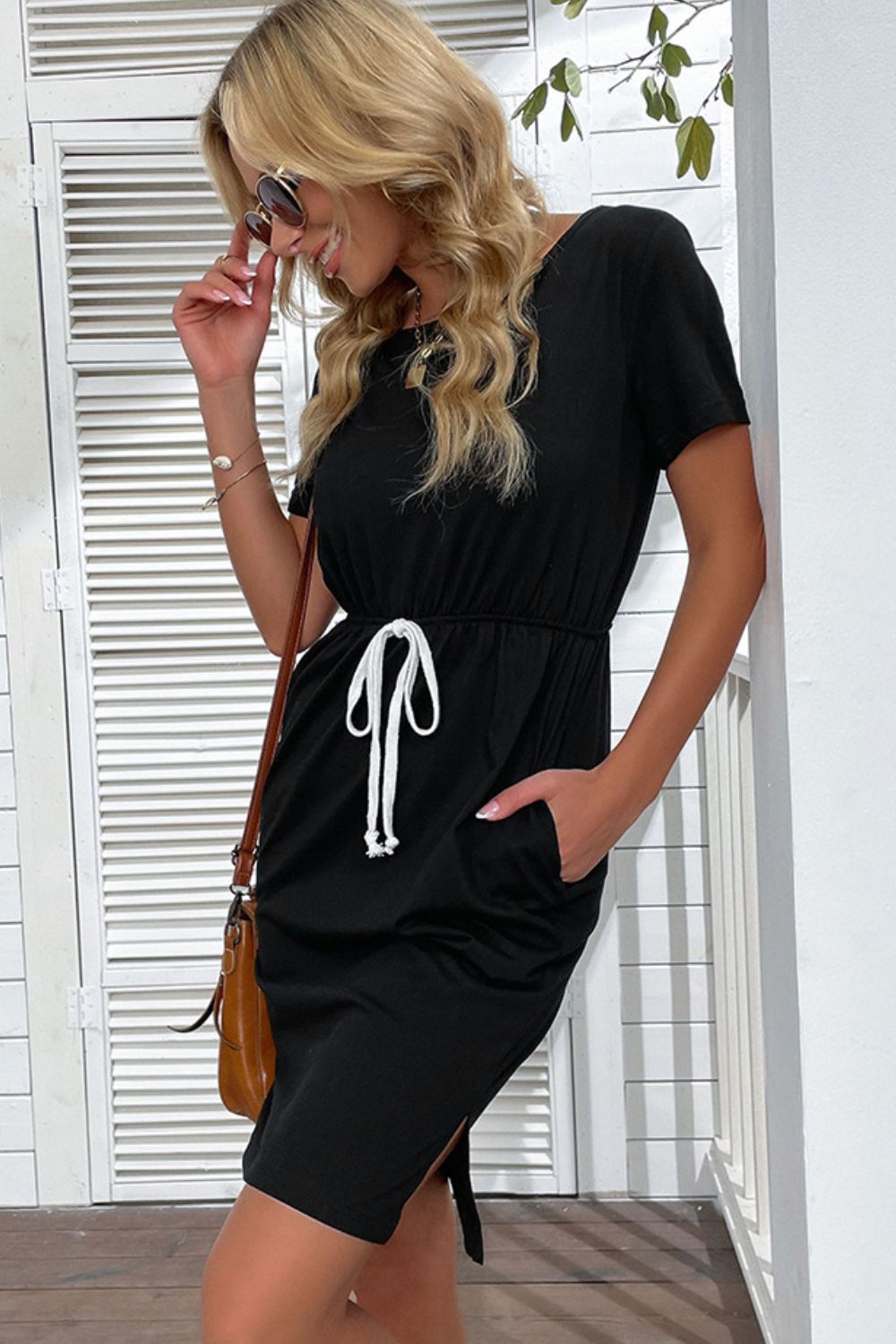 Side Slit Drawstring Round Neck Dress  Dresses- Doll Fits