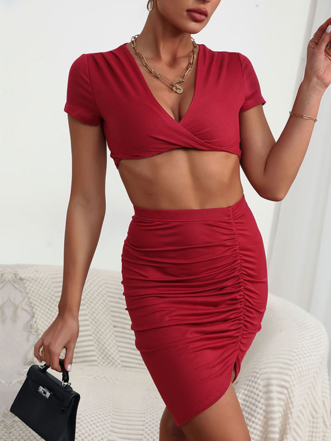 Twisted Deep V Cropped Top and Ruched Skirt Set  Outfit Sets- Doll Fits