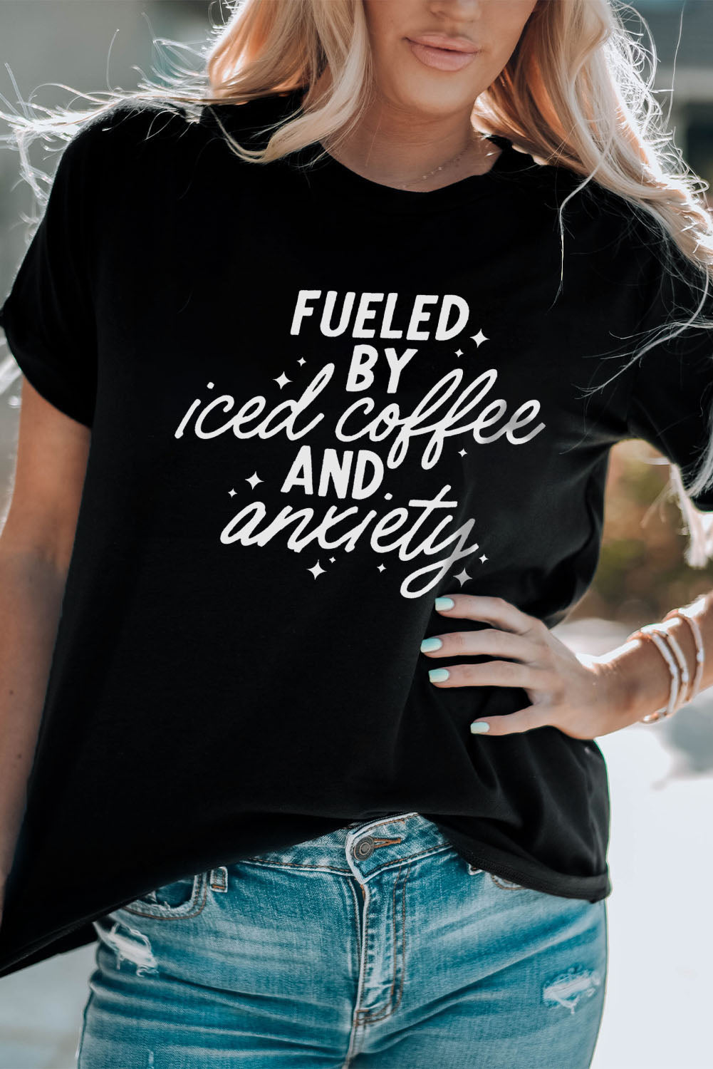 FUELED BY ICED COFFEE AND ANXIETY Graphic Tee  Shirts & Tops- Doll Fits