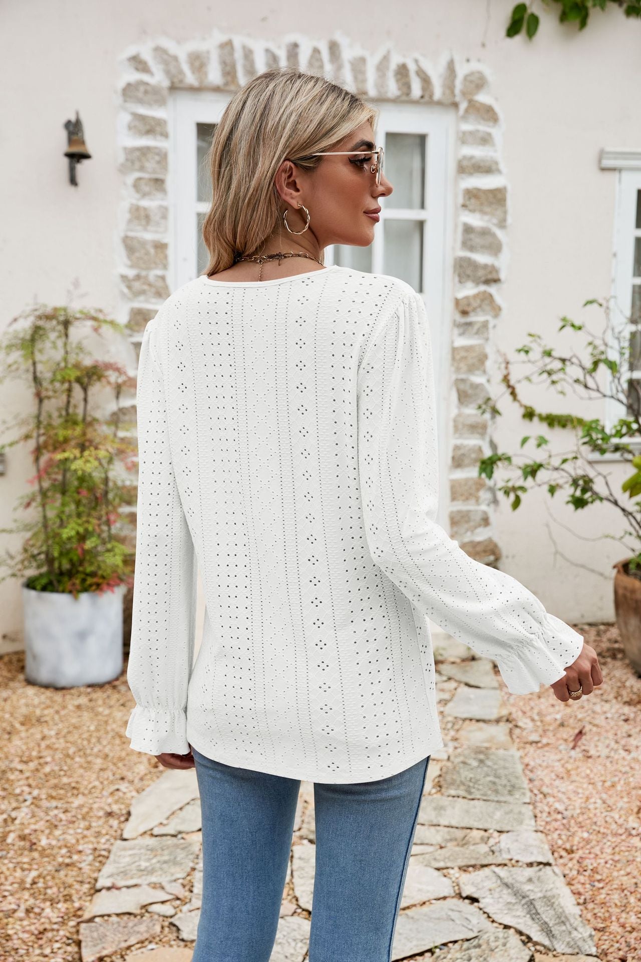 Eyelet Lace Trim Flounce Sleeve Blouse  Shirts & Tops- Doll Fits