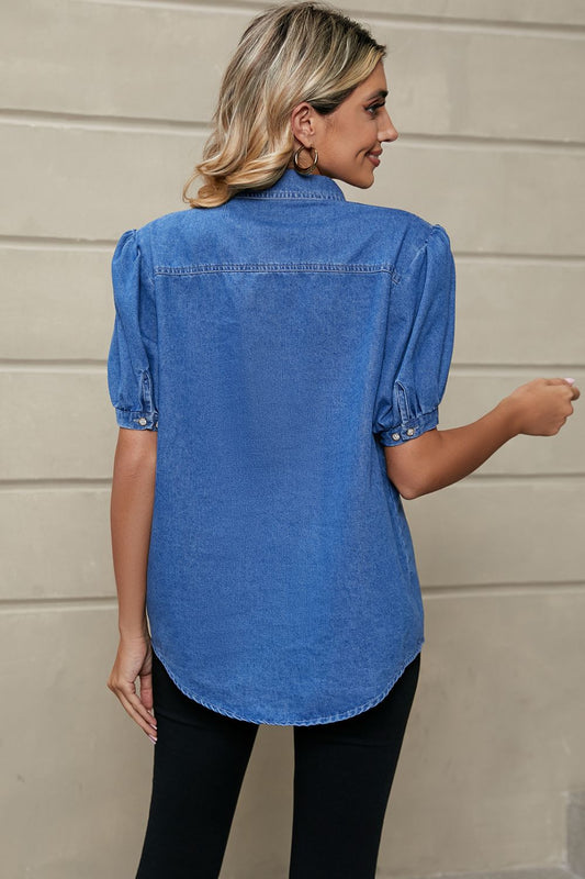 Puff Sleeve Collared Denim Top  Shirts & Tops- Doll Fits