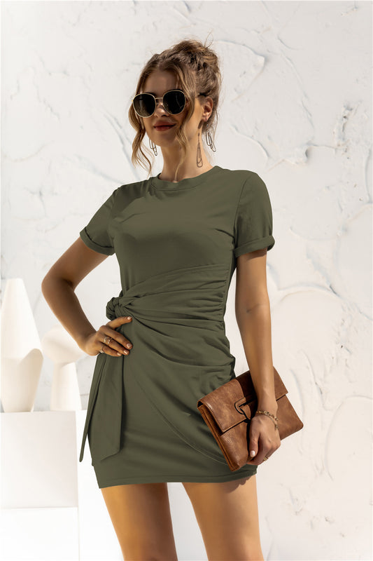 Round Neck Cuffed Sleeve Side Tie Dress  Dresses- Doll Fits