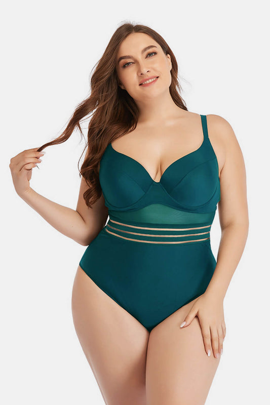 Plus Size Spliced Mesh Tie-Back One-Piece Swimsuit  Swimwear- Doll Fits