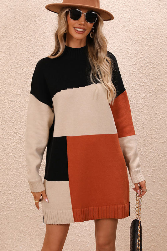 Color Block Mock Neck Dropped Shoulder Sweater Dress  Dresses- Doll Fits